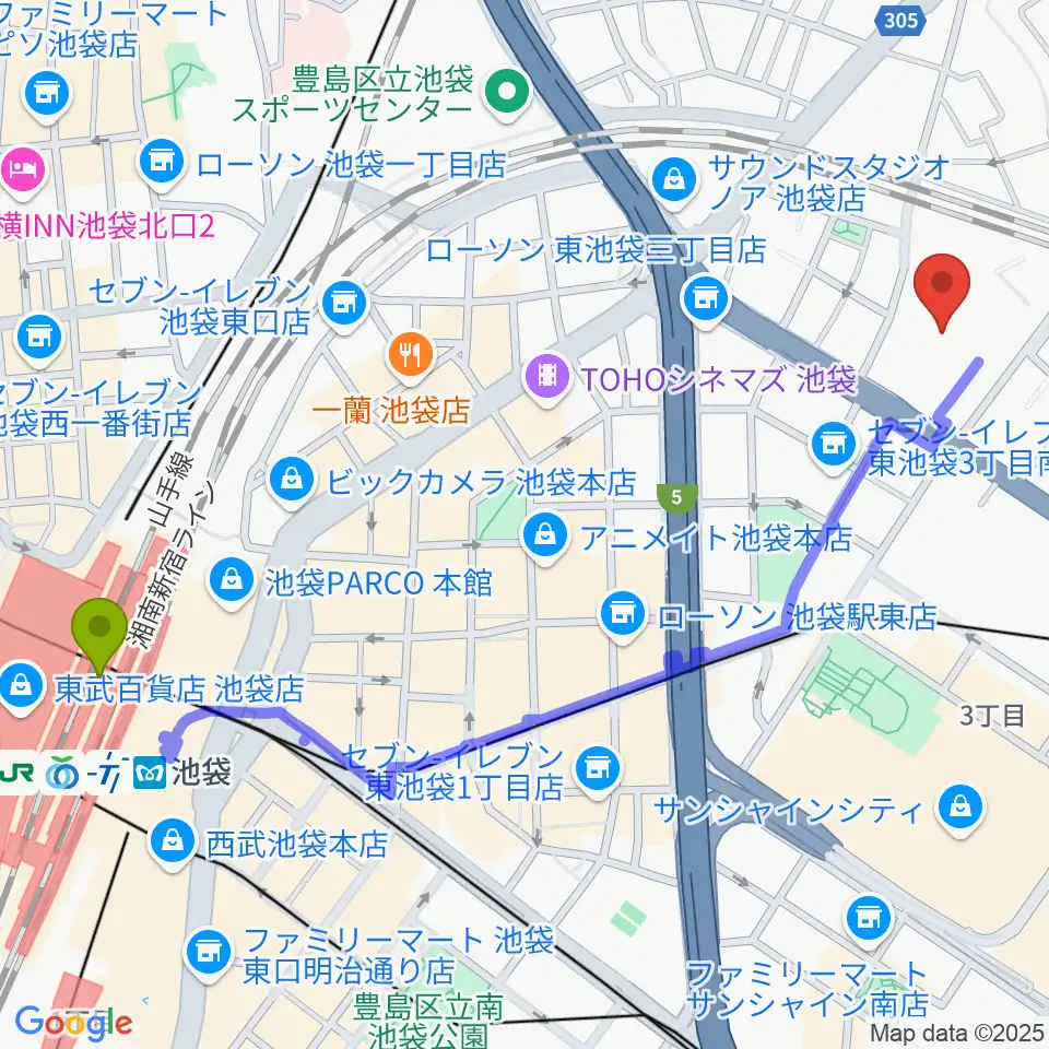 池袋駅から帝京平成大学冲永記念ホールへのルートマップ地図