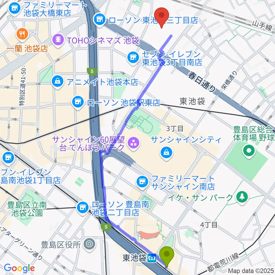 東池袋駅から帝京平成大学冲永記念ホールへのルートマップ地図