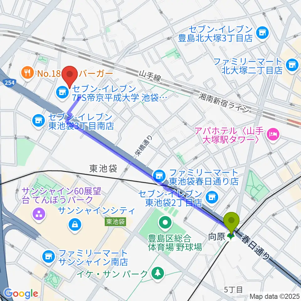 帝京平成大学冲永記念ホールの最寄駅向原駅からの徒歩ルート（約11分）地図