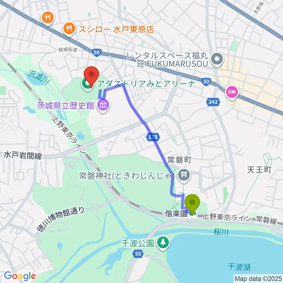アダストリアみとアリーナの最寄駅偕楽園駅からの徒歩ルート（約18分）地図