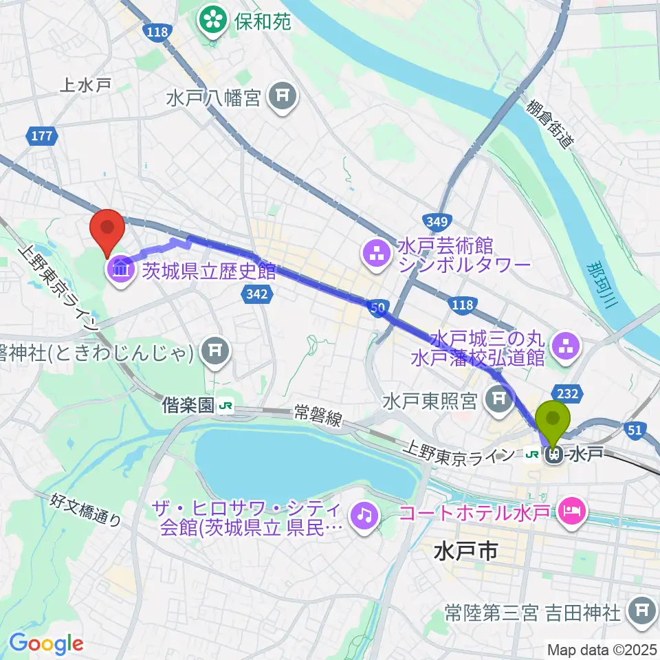 水戸駅からアダストリアみとアリーナへのルートマップ地図