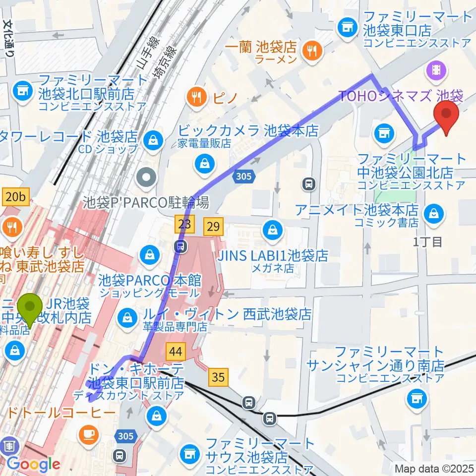 池袋harevutaiの最寄駅池袋駅からの徒歩ルート（約7分）地図