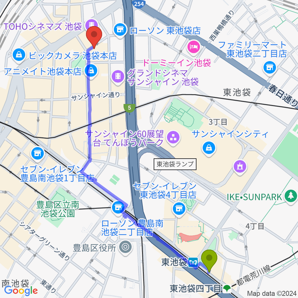 東池袋駅から池袋harevutaiへのルートマップ地図