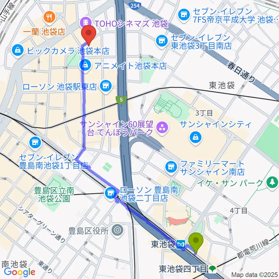 東池袋駅から池袋harevutaiへのルートマップ地図