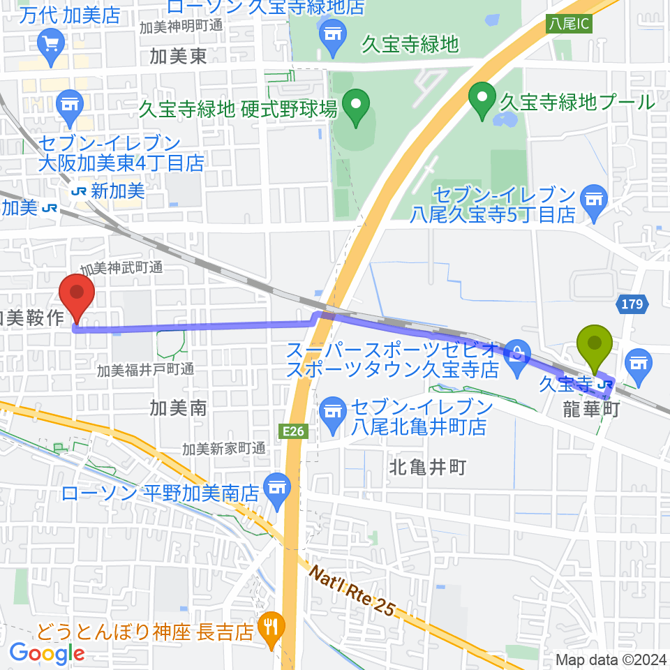 久宝寺駅からクレアミュージック平野へのルートマップ地図