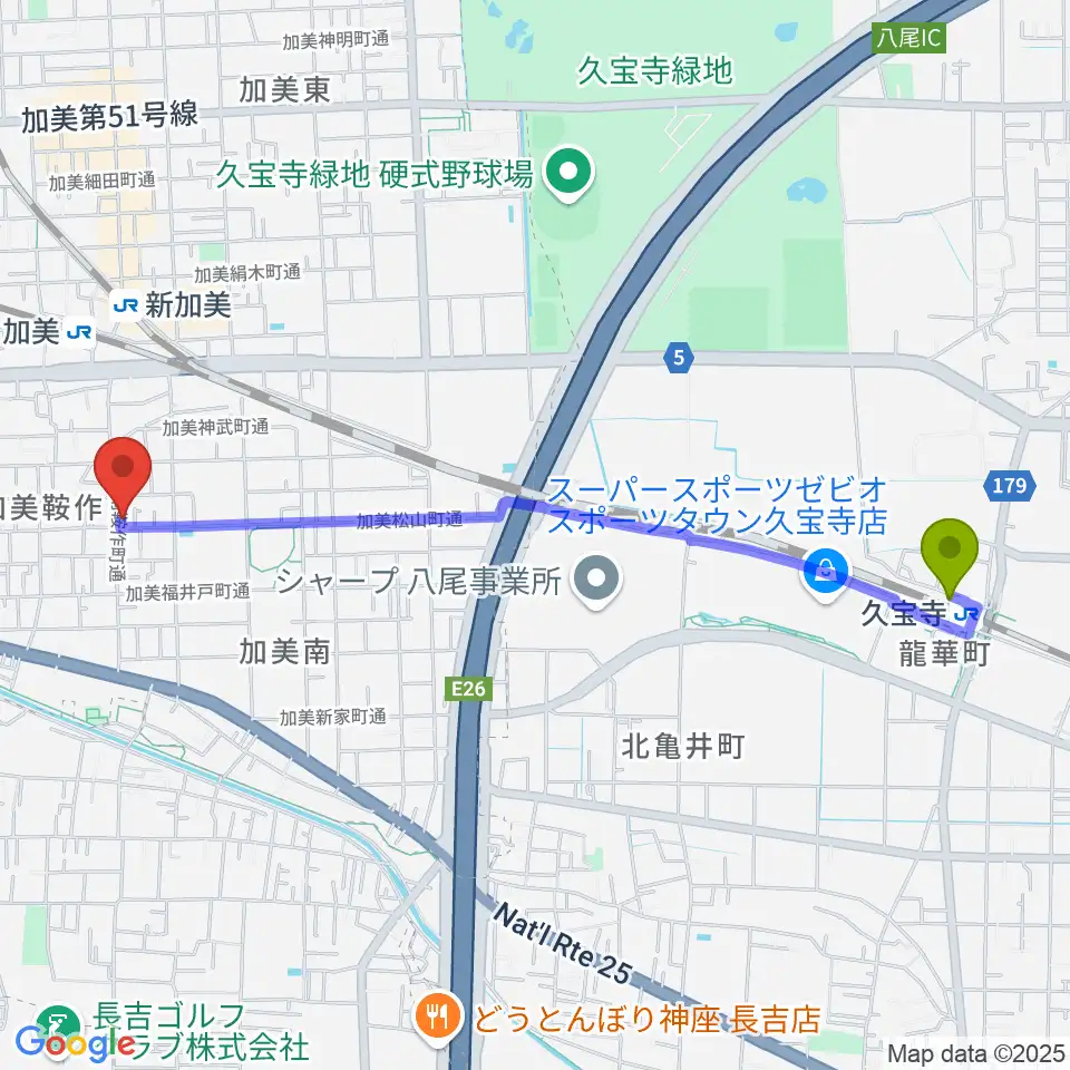 久宝寺駅からクレアミュージック平野へのルートマップ地図