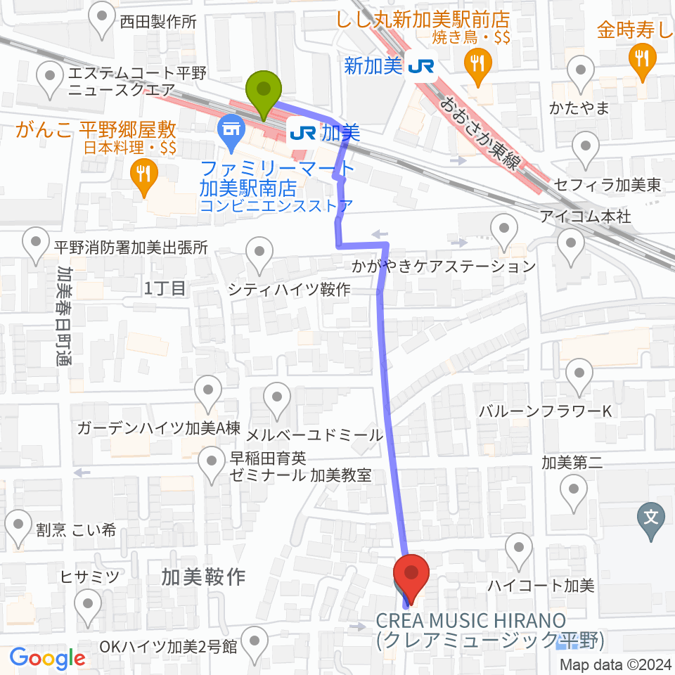 クレアミュージック平野の最寄駅加美駅からの徒歩ルート（約6分）地図