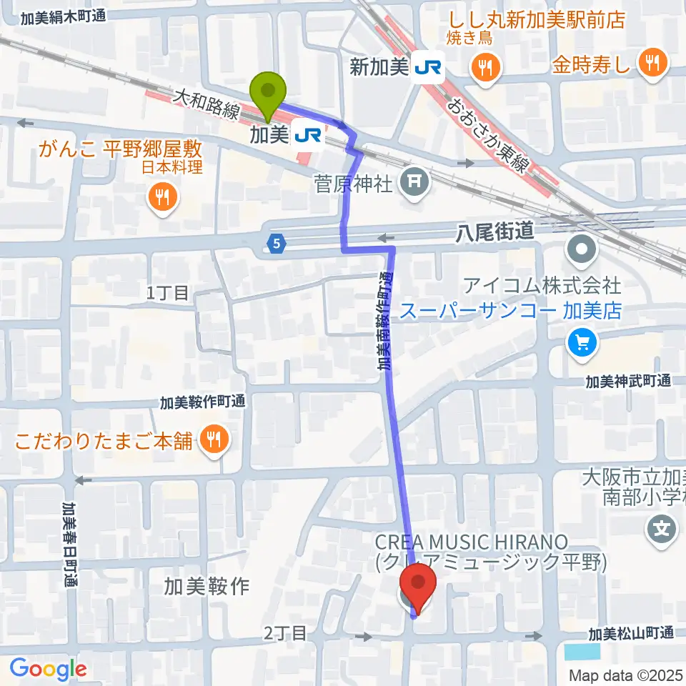 クレアミュージック平野の最寄駅加美駅からの徒歩ルート（約6分）地図