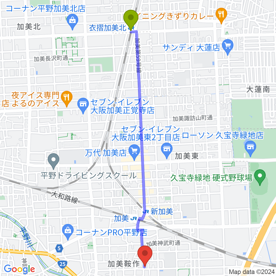 衣摺加美北駅からクレアミュージック平野へのルートマップ地図