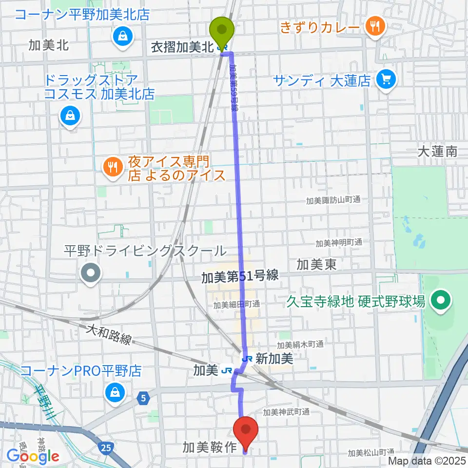 衣摺加美北駅からクレアミュージック平野へのルートマップ地図
