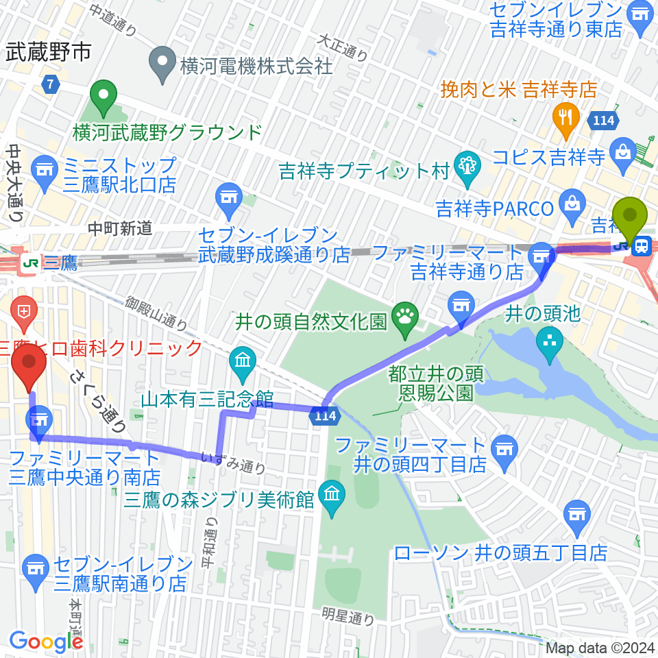 吉祥寺駅から三鷹SCOOLへのルートマップ地図