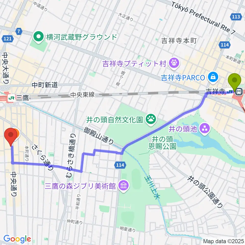 吉祥寺駅から三鷹SCOOLへのルートマップ地図