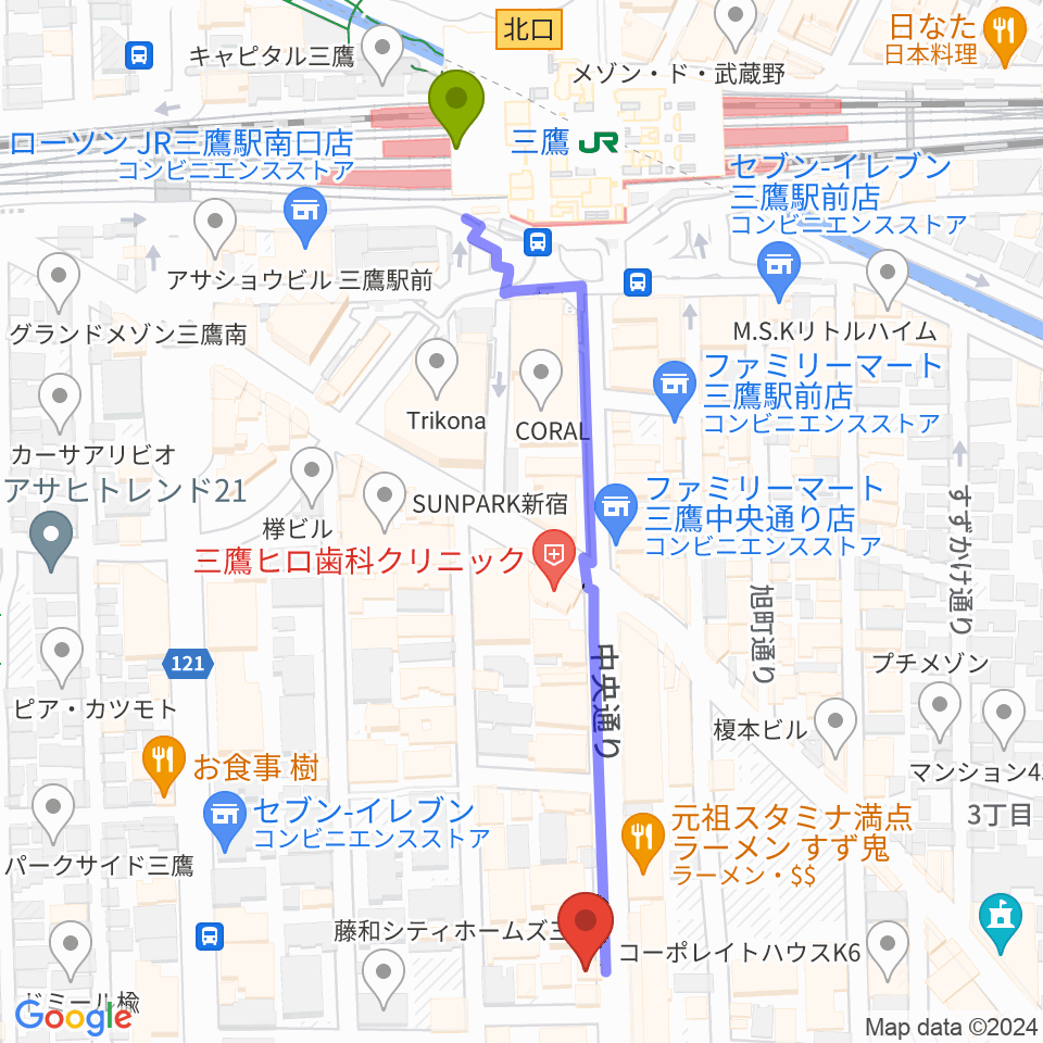 三鷹SCOOLの最寄駅三鷹駅からの徒歩ルート（約6分）地図
