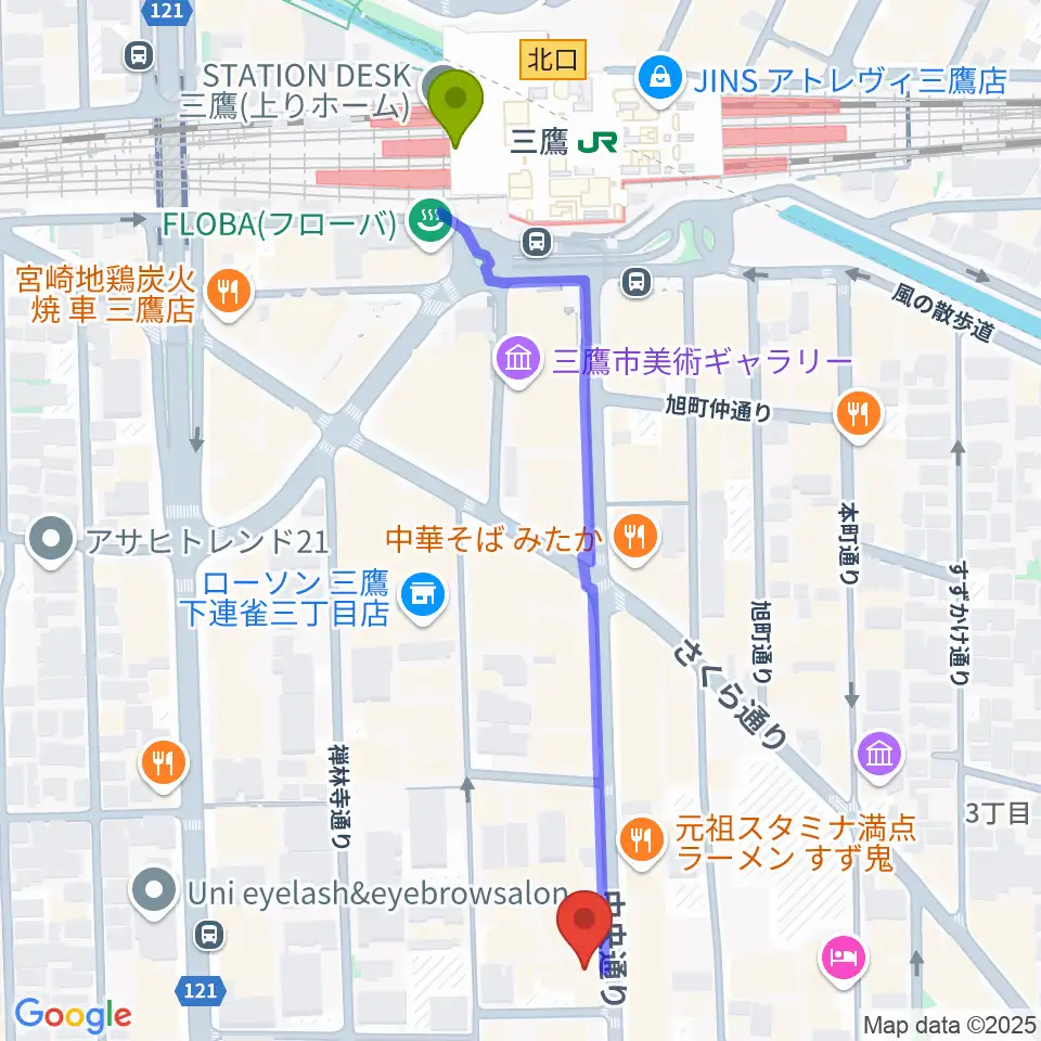 三鷹SCOOLの最寄駅三鷹駅からの徒歩ルート（約6分）地図
