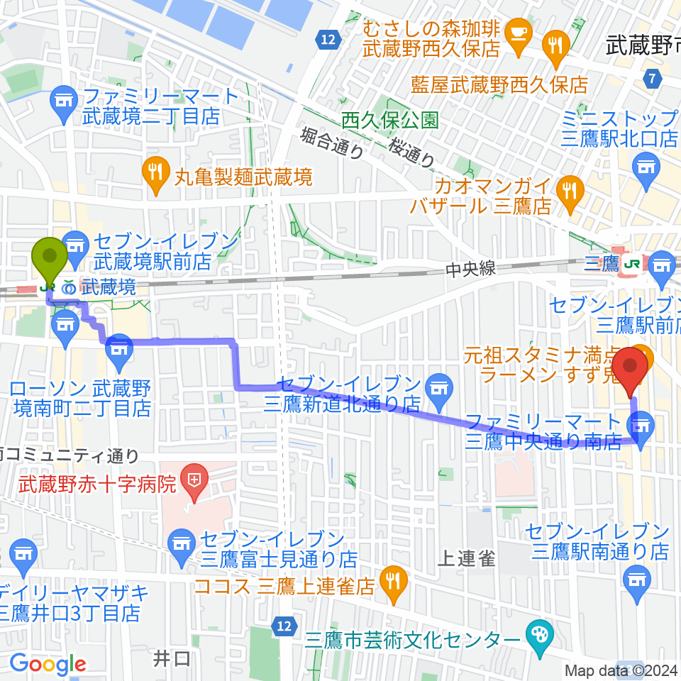 武蔵境駅から三鷹SCOOLへのルートマップ地図