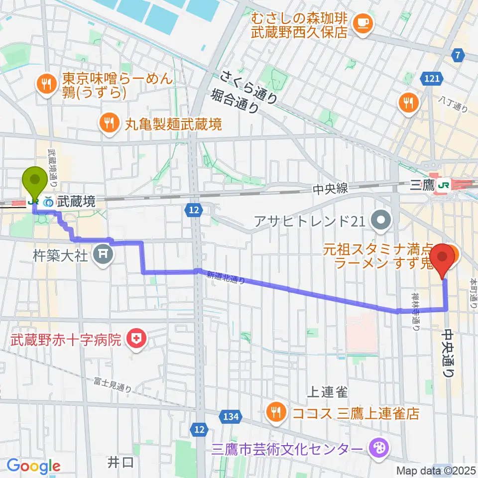 武蔵境駅から三鷹SCOOLへのルートマップ地図