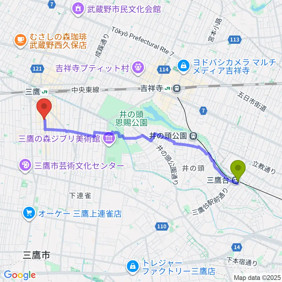 三鷹台駅から三鷹SCOOLへのルートマップ地図