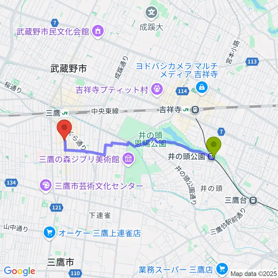 井の頭公園駅から三鷹SCOOLへのルートマップ地図