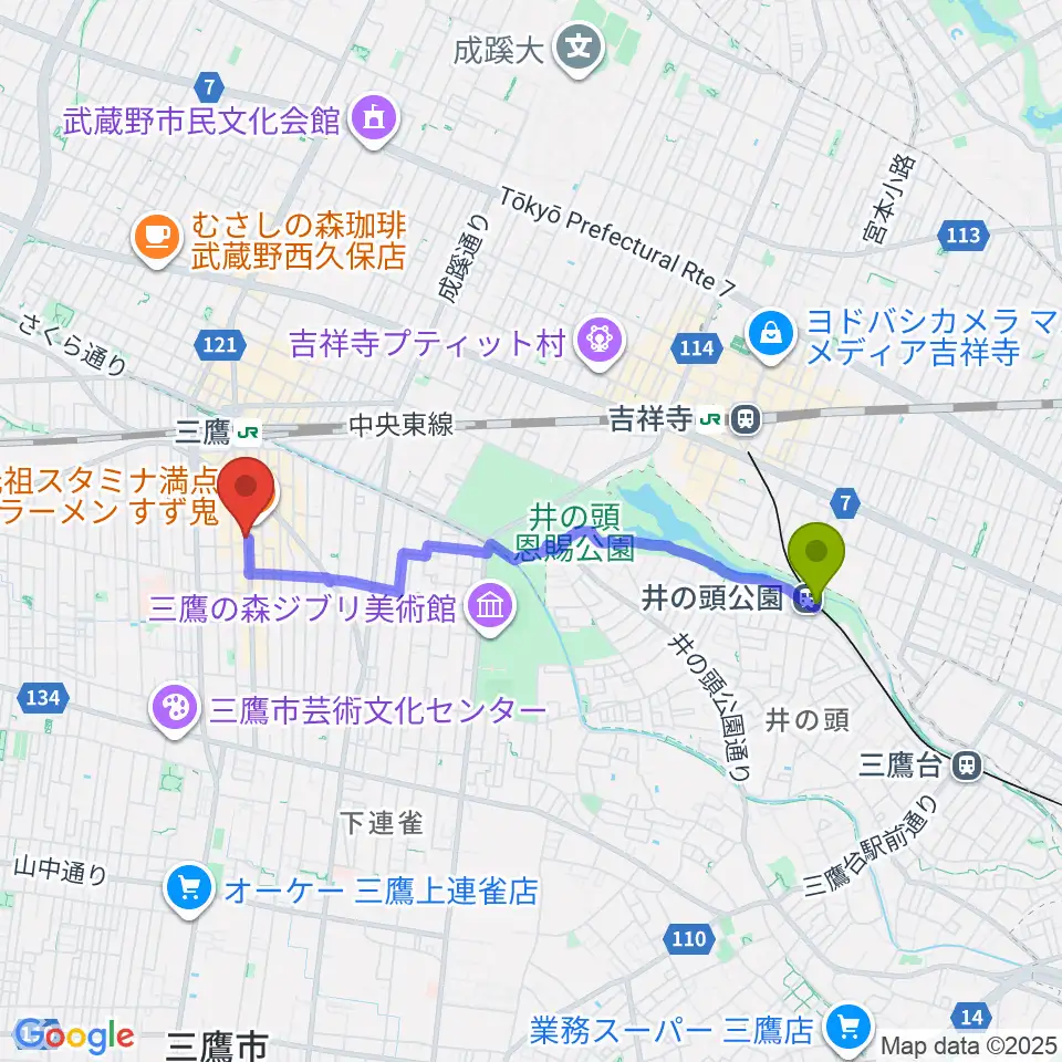 井の頭公園駅から三鷹SCOOLへのルートマップ地図