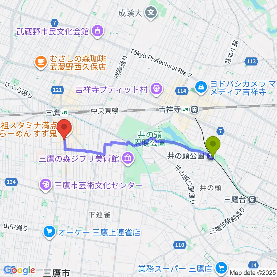 井の頭公園駅から三鷹SCOOLへのルートマップ地図