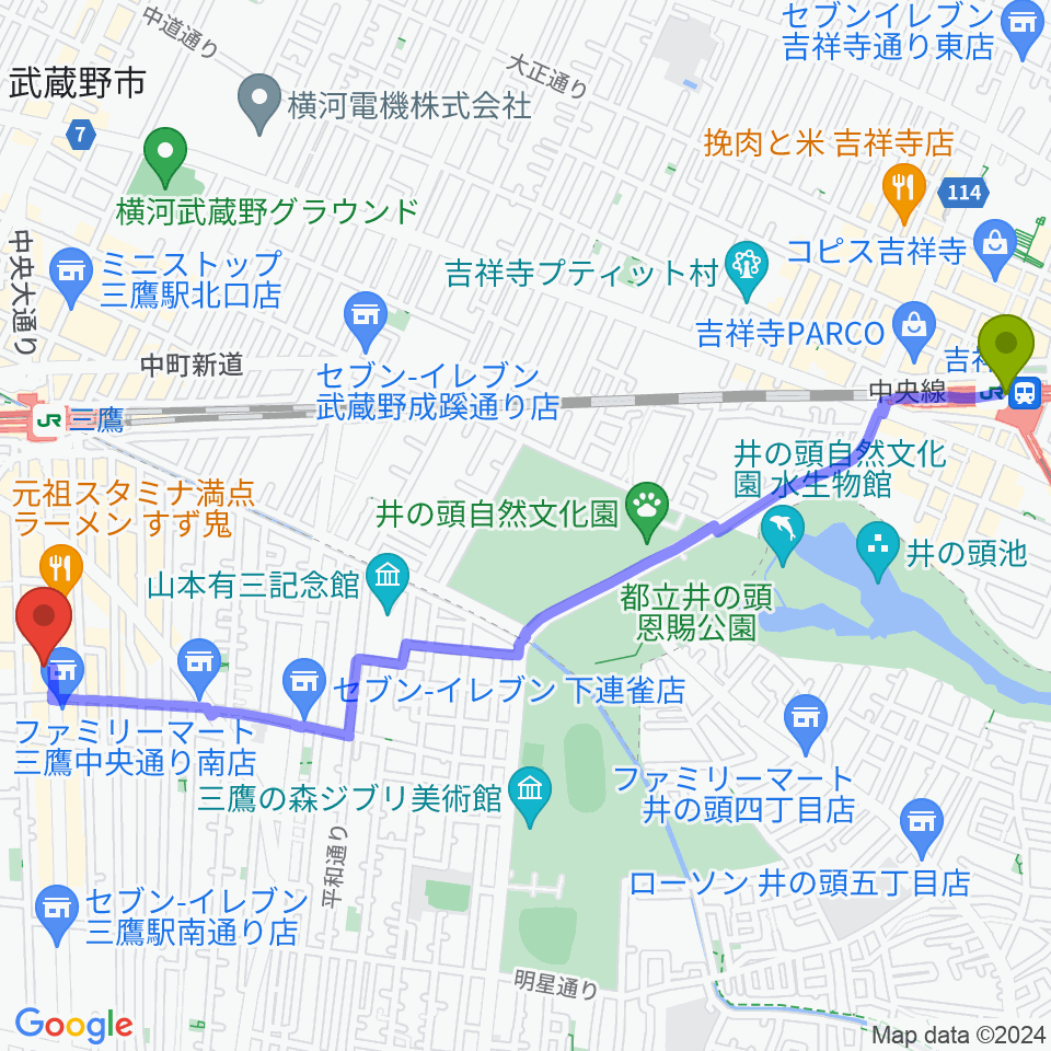 吉祥寺駅から三鷹おんがくのじかんへのルートマップ地図