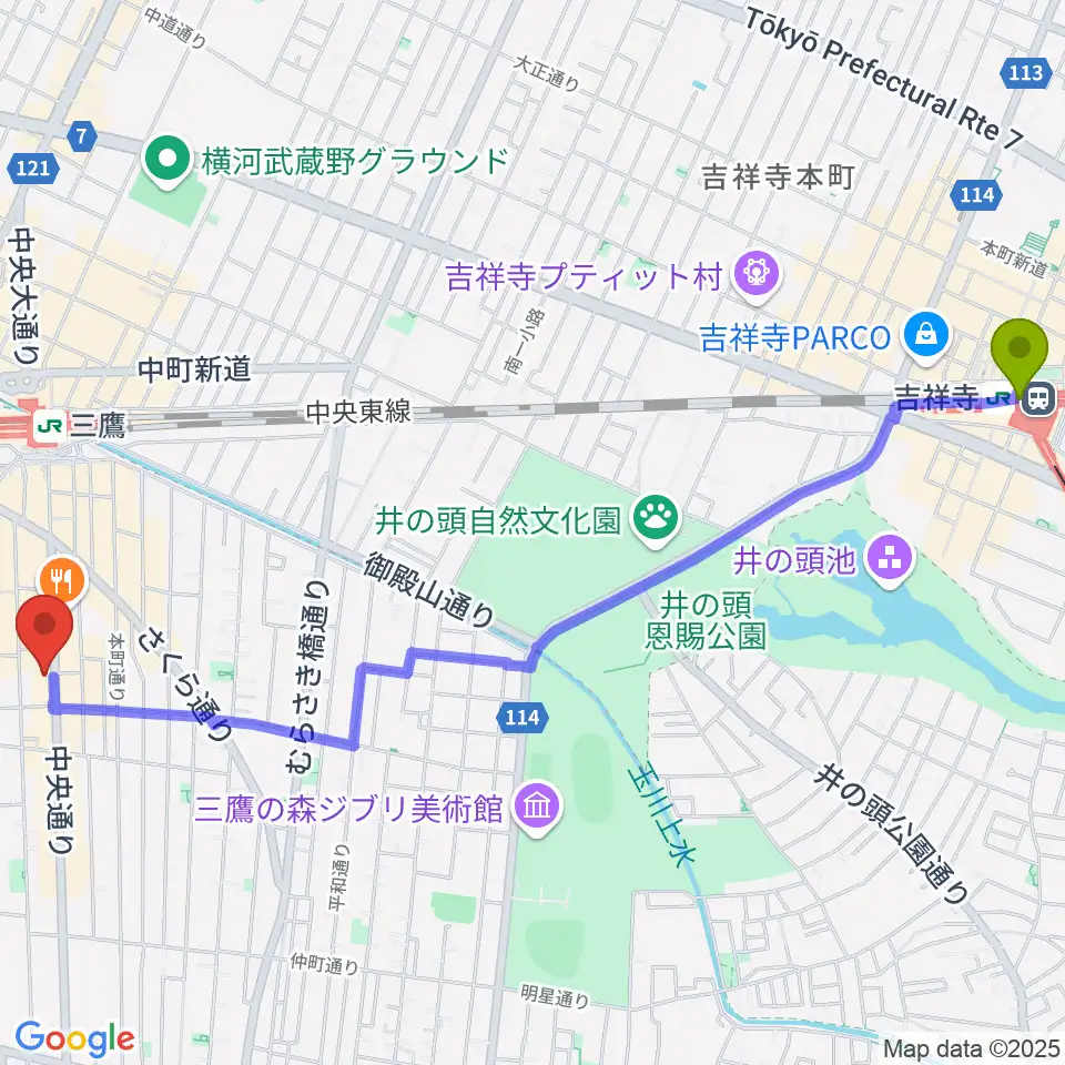 吉祥寺駅から三鷹おんがくのじかんへのルートマップ地図
