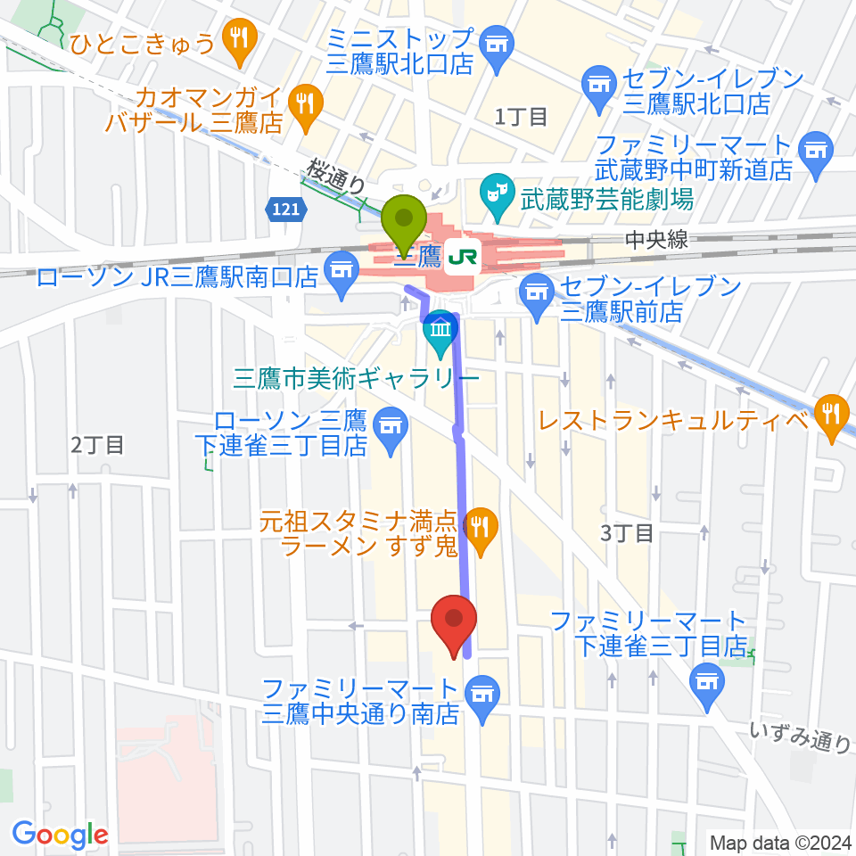 三鷹おんがくのじかんの最寄駅三鷹駅からの徒歩ルート（約7分）地図