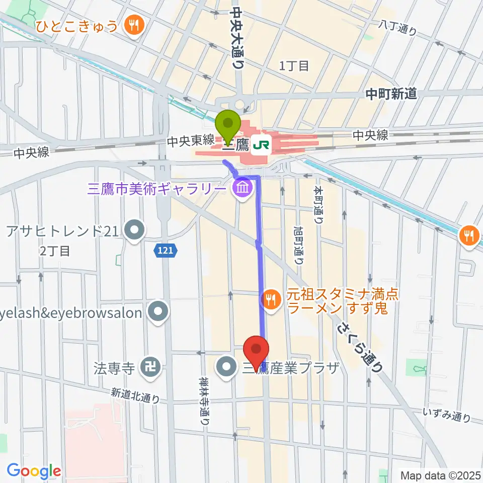 三鷹おんがくのじかんの最寄駅三鷹駅からの徒歩ルート（約7分）地図