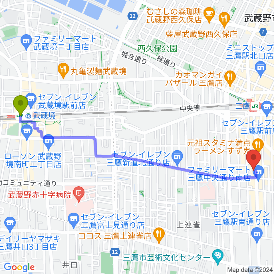 武蔵境駅から三鷹おんがくのじかんへのルートマップ地図