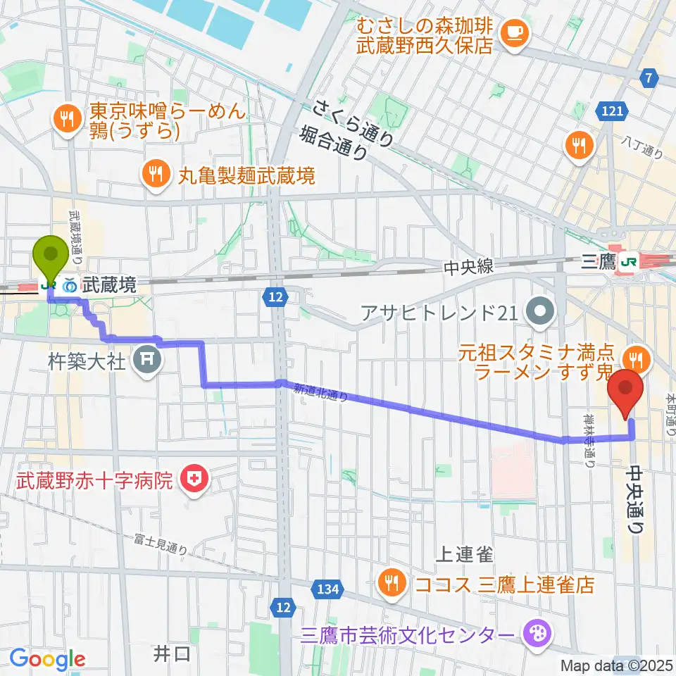 武蔵境駅から三鷹おんがくのじかんへのルートマップ地図