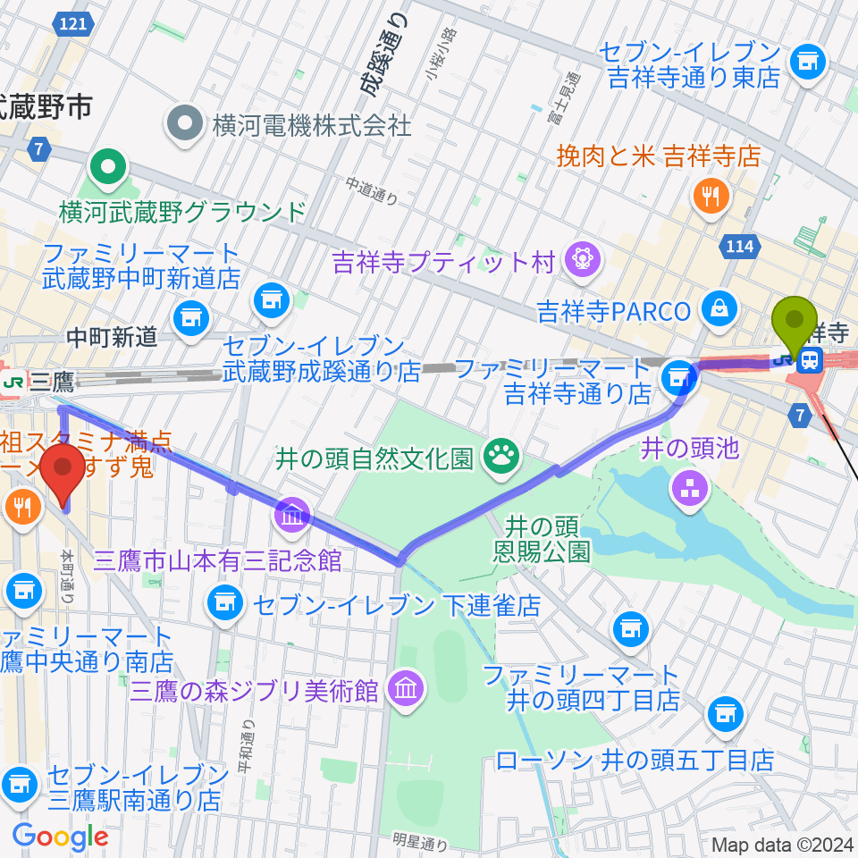 吉祥寺駅から三鷹RI劇場へのルートマップ地図