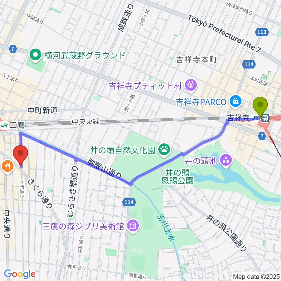 吉祥寺駅から三鷹RI劇場へのルートマップ地図