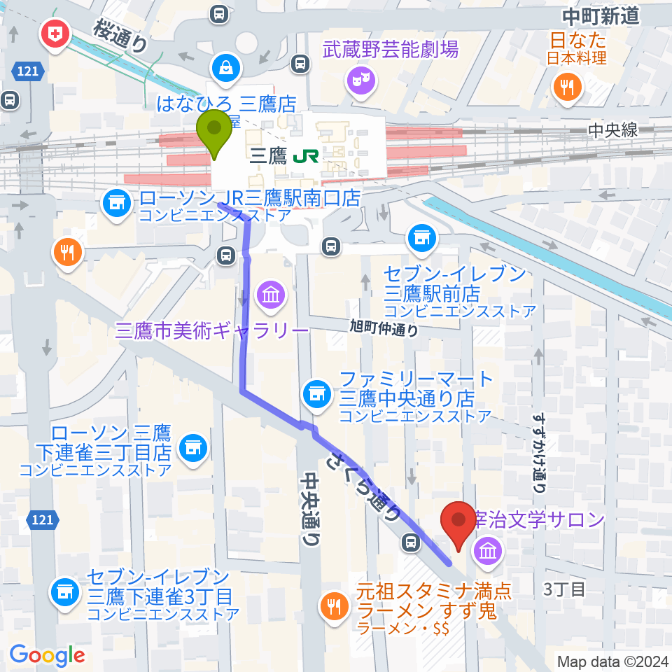 三鷹RI劇場の最寄駅三鷹駅からの徒歩ルート（約5分）地図