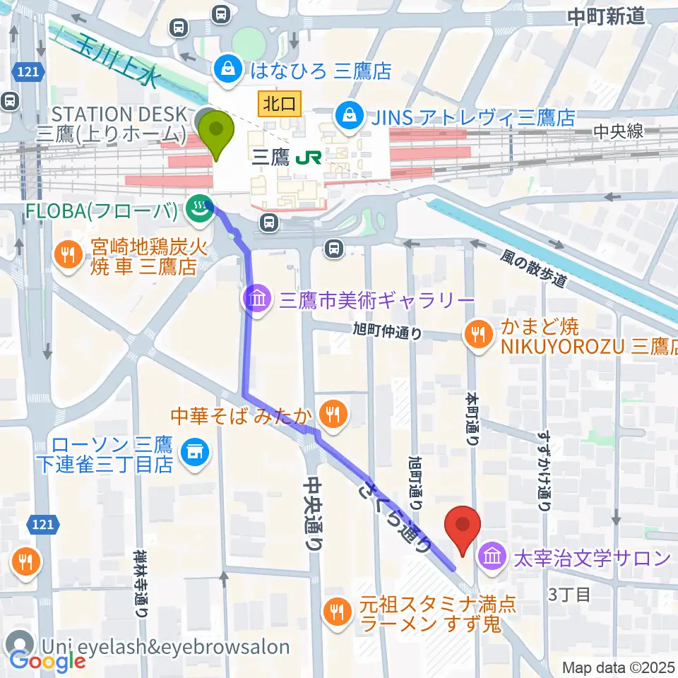 三鷹RI劇場の最寄駅三鷹駅からの徒歩ルート（約5分）地図