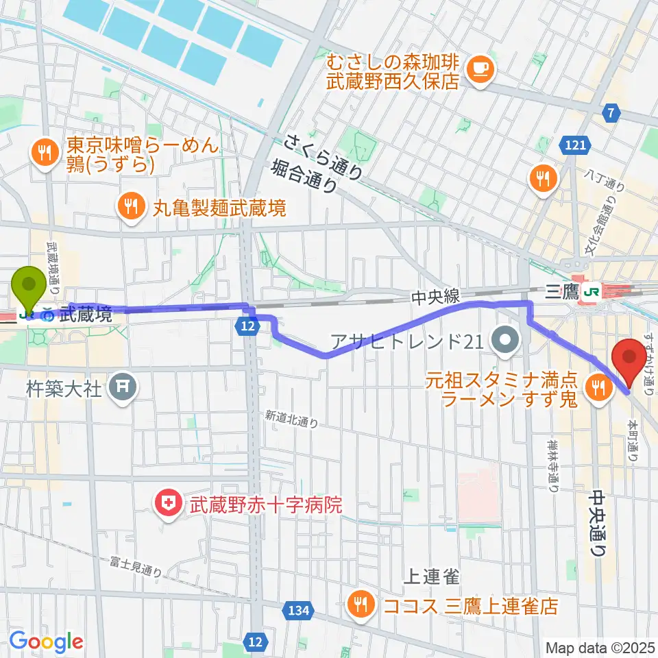 武蔵境駅から三鷹RI劇場へのルートマップ地図