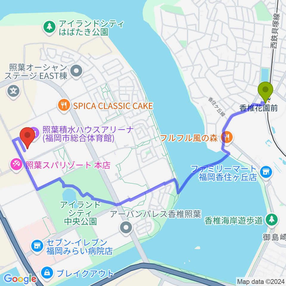 照葉積水ハウスアリーナの最寄駅香椎花園前駅からの徒歩ルート（約27分）地図