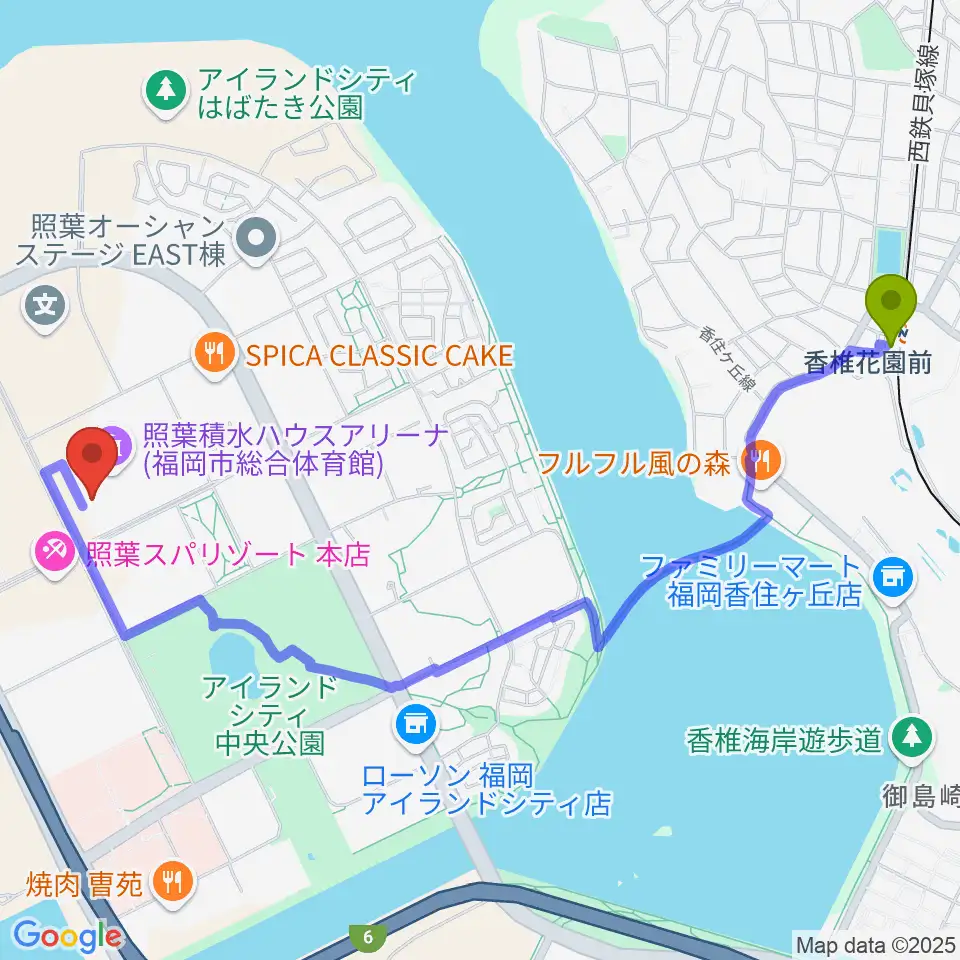 照葉積水ハウスアリーナの最寄駅香椎花園前駅からの徒歩ルート（約27分）地図