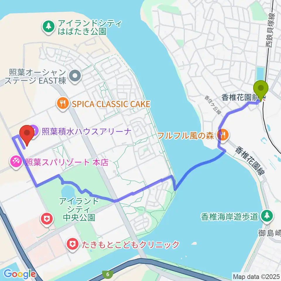 照葉積水ハウスアリーナの最寄駅香椎花園前駅からの徒歩ルート（約27分）地図
