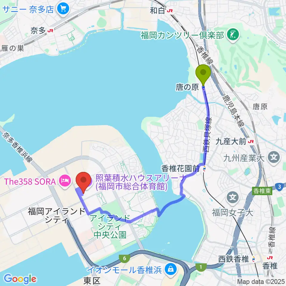 唐の原駅から照葉積水ハウスアリーナへのルートマップ地図