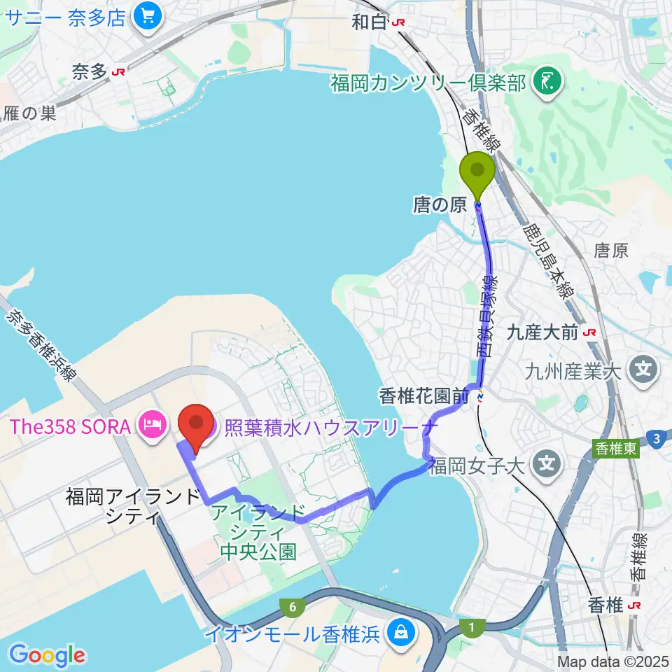 唐の原駅から照葉積水ハウスアリーナへのルートマップ地図
