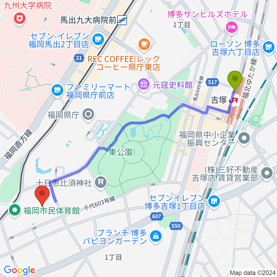 吉塚駅から福岡市民体育館へのルートマップ地図