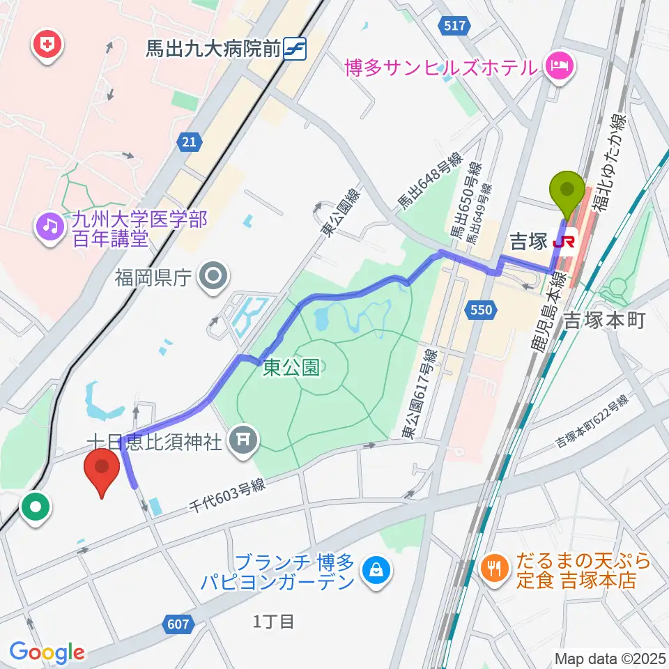 吉塚駅から福岡市民体育館へのルートマップ地図