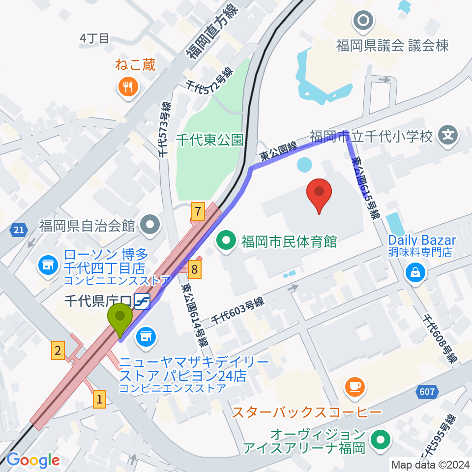 福岡市民体育館の最寄駅千代県庁口駅からの徒歩ルート（約4分）地図