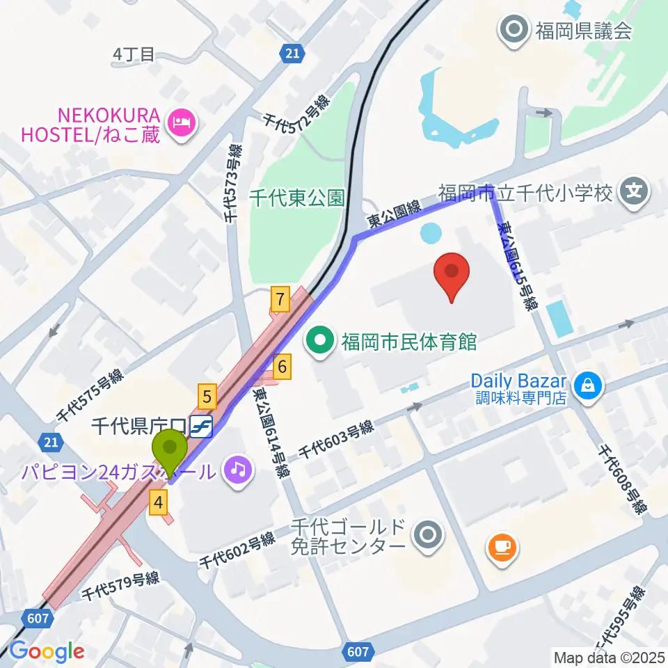 福岡市民体育館の最寄駅千代県庁口駅からの徒歩ルート（約4分）地図
