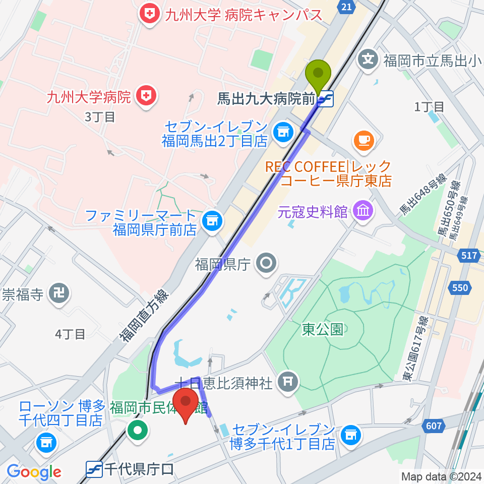馬出九大病院前駅から福岡市民体育館へのルートマップ地図
