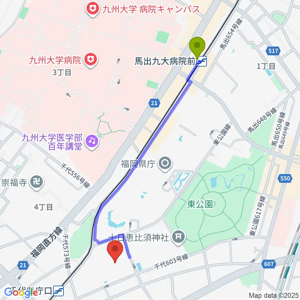 馬出九大病院前駅から福岡市民体育館へのルートマップ地図