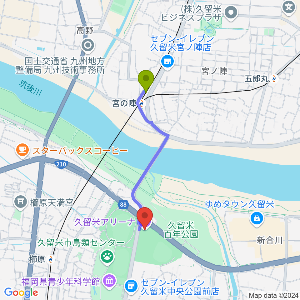 宮の陣駅から久留米アリーナへのルートマップ地図