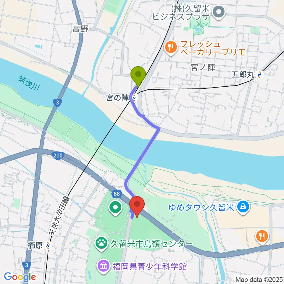 宮の陣駅から久留米アリーナへのルートマップ地図