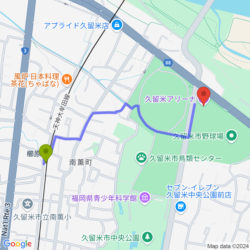 久留米アリーナの最寄駅櫛原駅からの徒歩ルート（約11分）地図