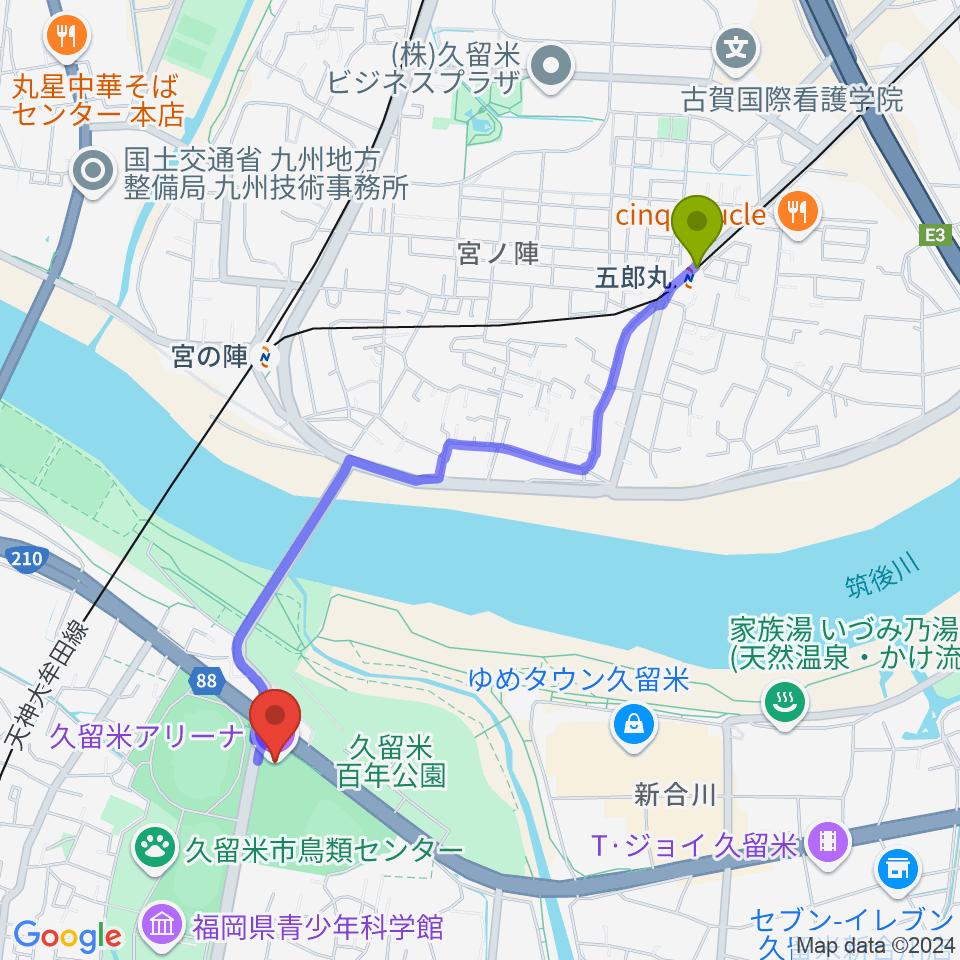 五郎丸駅から久留米アリーナへのルートマップ地図